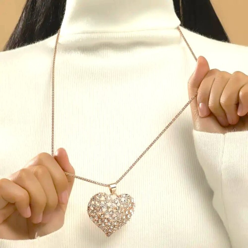 Heart Necklace Rhinestone Bold Statement Rose Gold Dangle Glam Trendy Stylish